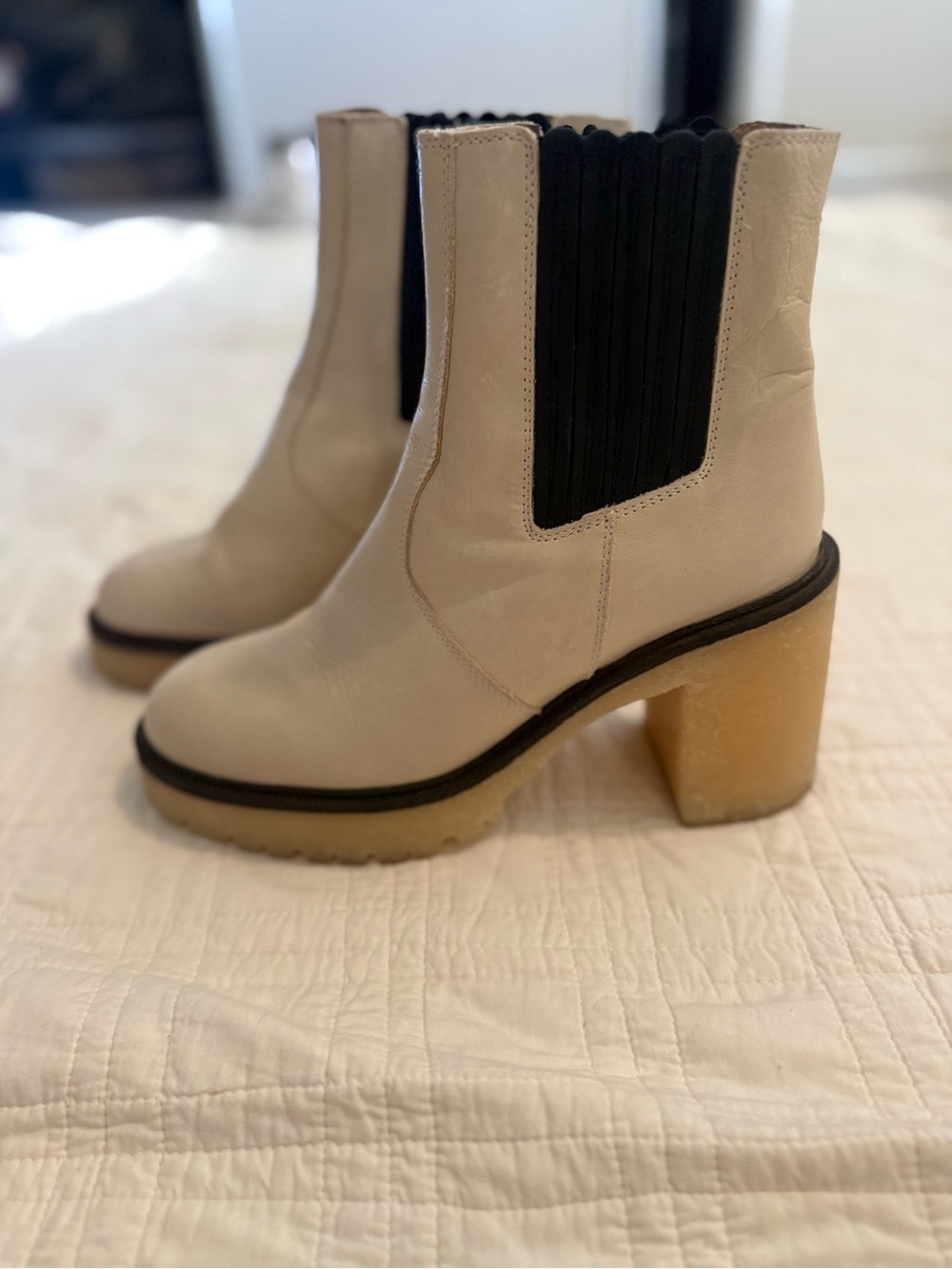 Free People Cream Leather Block-Heel Chelsea Boots with Black Elastic